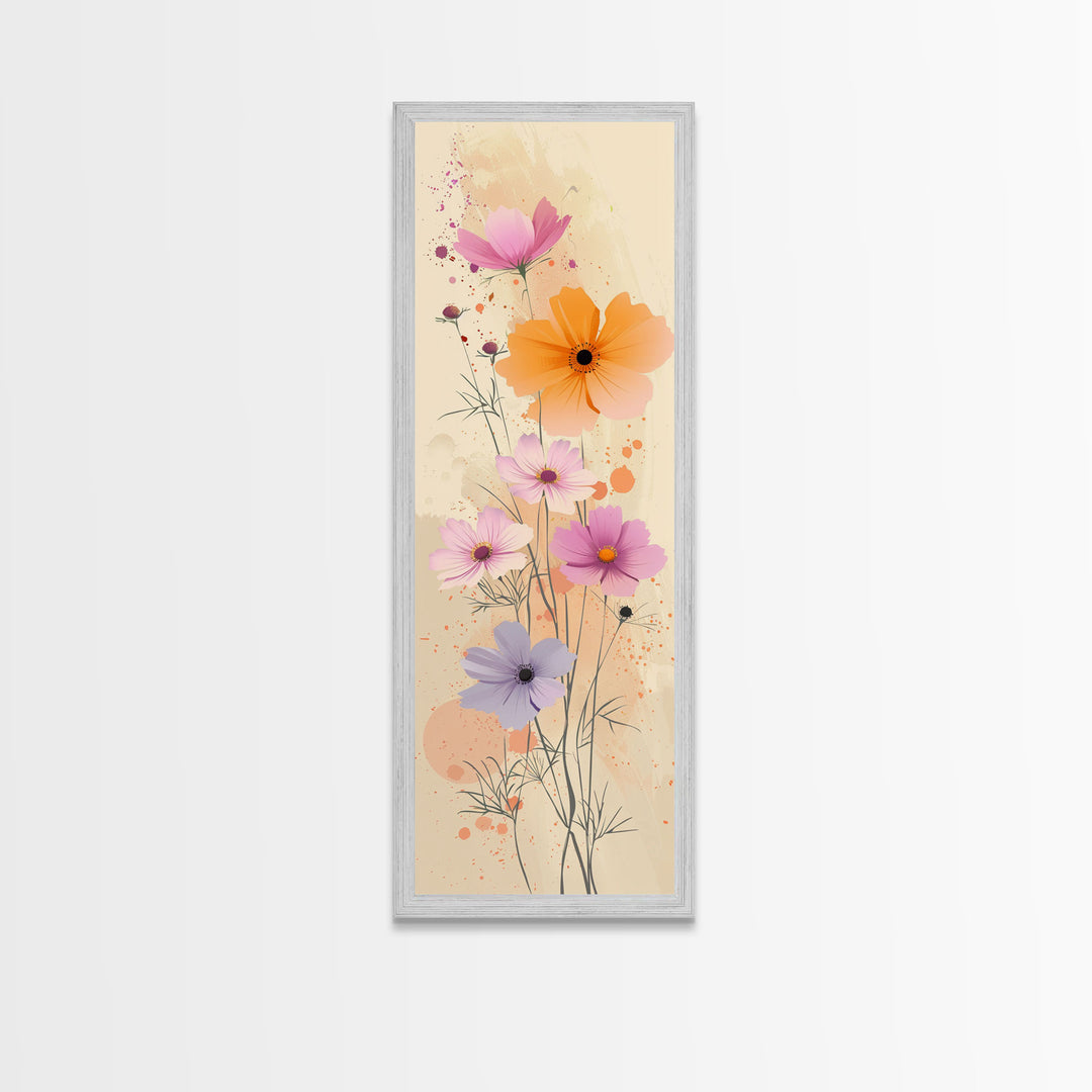 Delicate Flowers in Soft Pastel Colors Skinny Art Ukiyo-e Style Tall Framed Canvas Print for Home Décor