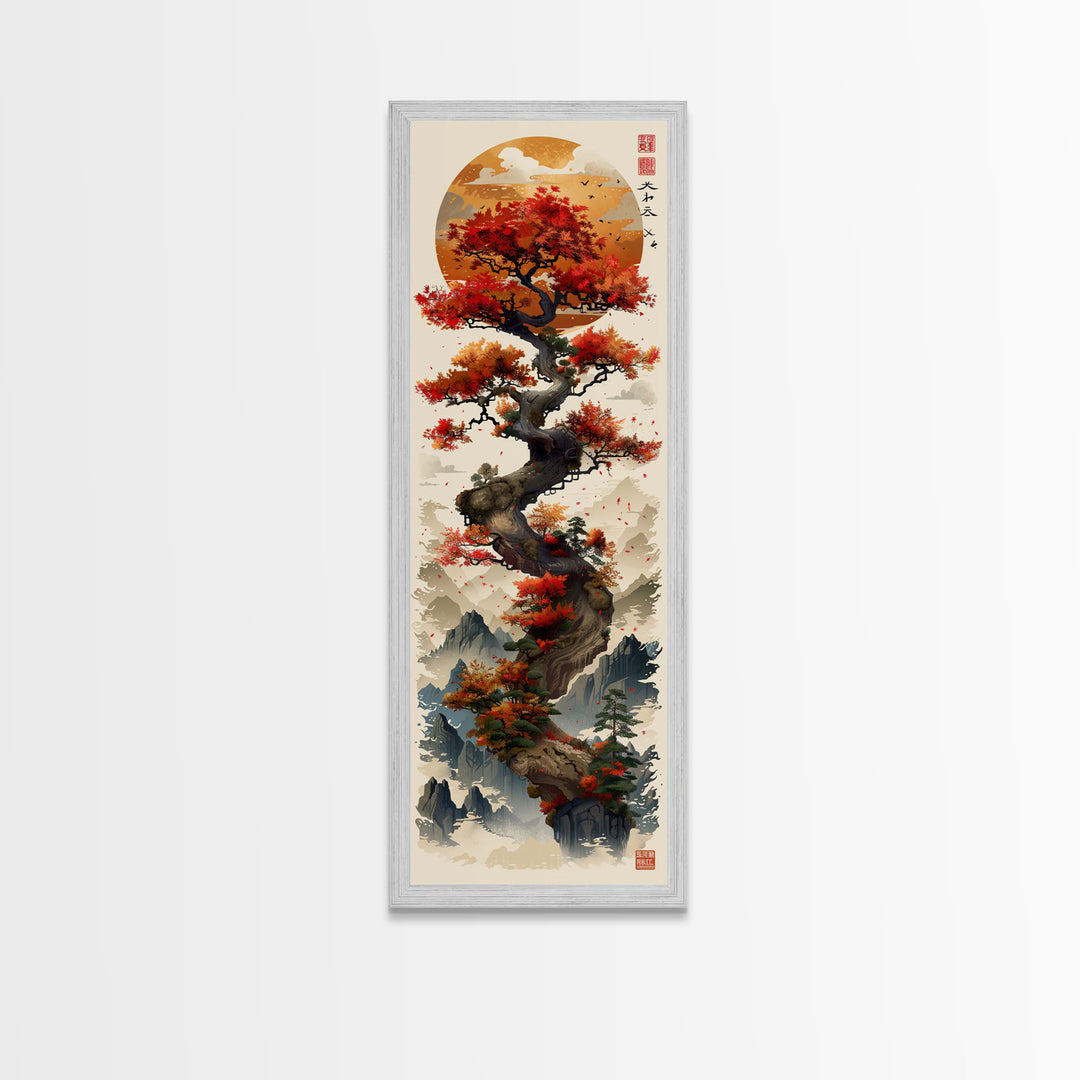 Majestic Bonsai Tree Under the Golden Sun Skinny Art Ukiyo-e Tall Framed Canvas Print with Mountain Landscape