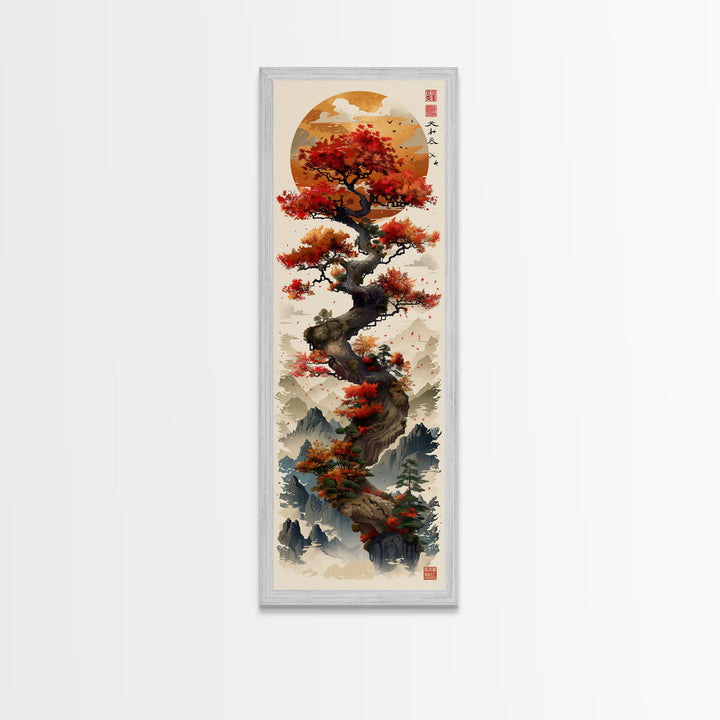Majestic Bonsai Tree Under the Golden Sun Skinny Art Ukiyo-e Tall Framed Canvas Print with Mountain Landscape