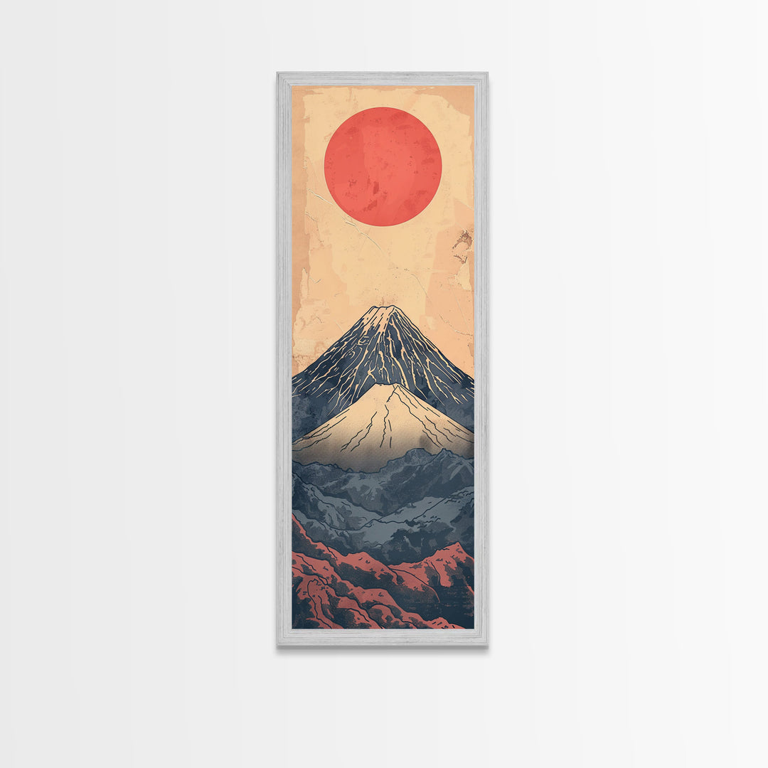 Mount Fuji Under a Red Sun Skinny Art Ukiyo-e Tall Framed Canvas Print Inspired by Japanese Landscape