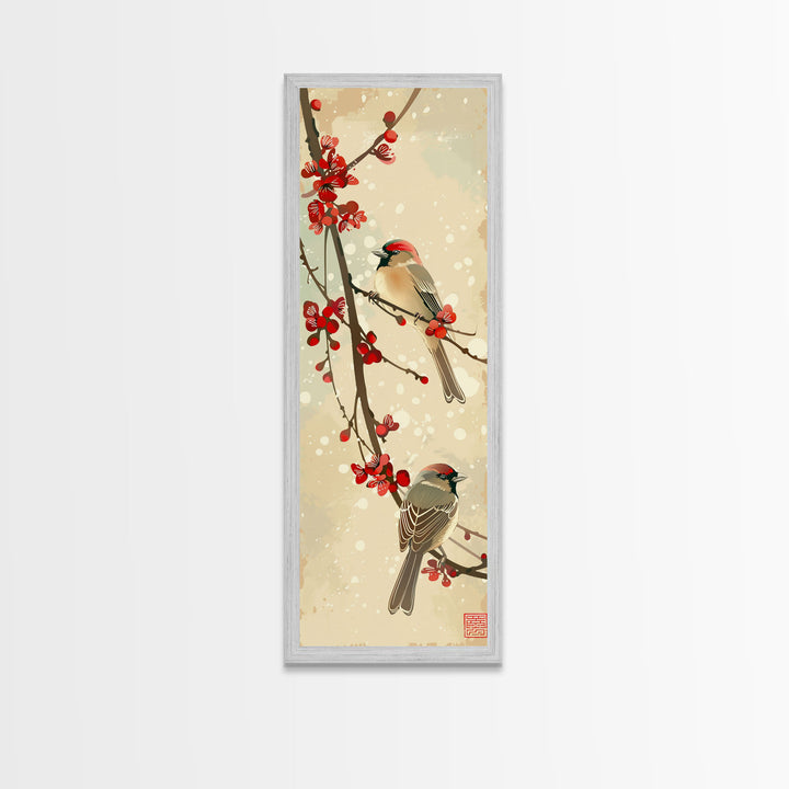 Skinny Art Sparrows And Cherry Blossoms In Japanese Style Wood Block Print Gentle Color Palette On Framed Canvas Print, Tall Art Ukiyo-e