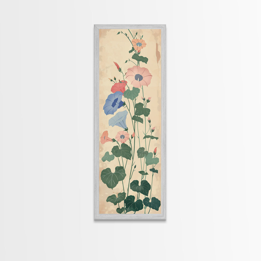 Skinny Art Tall Art Framed Canvas Print Stylized Morning Glory Blossoms In Subtle Pastel Hues Ukiyo-e Japanese Style Art Wood Block Print