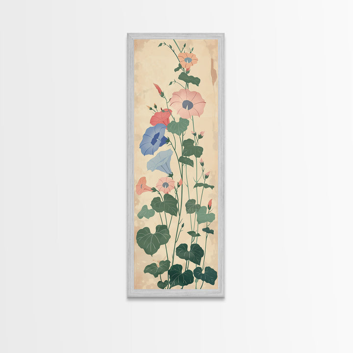 Skinny Art Tall Art Framed Canvas Print Stylized Morning Glory Blossoms In Subtle Pastel Hues Ukiyo-e Japanese Style Art Wood Block Print