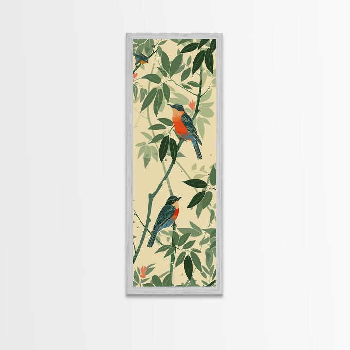 Skinny Art Tall Art Framed Canvas Print Birds Amongst Dense Greenery And Red Flowers Ukiyo-e Japanese Style Art Wood Block Print