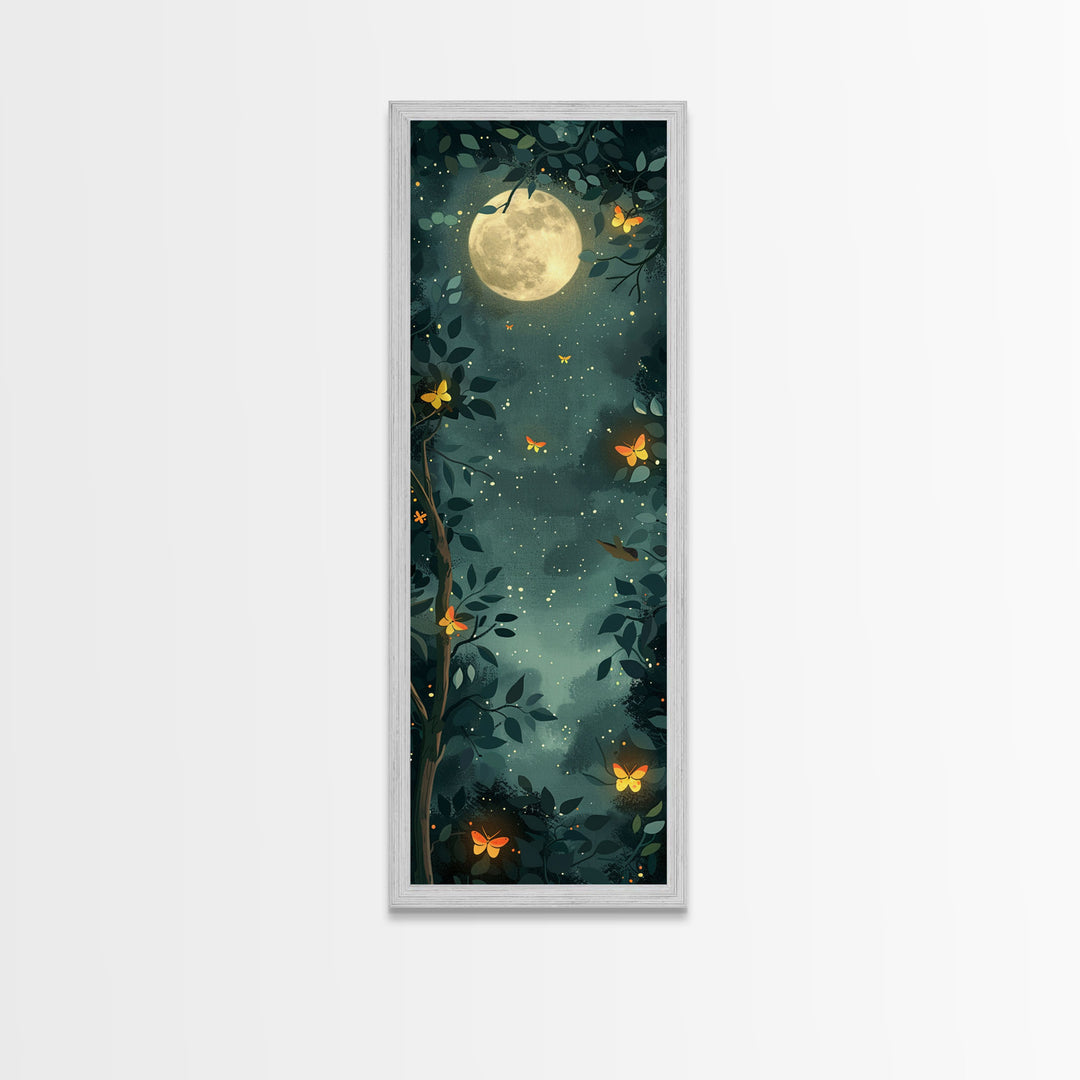 Full Moon And Butterflies In A Night Forest Japanese Style Framed Canvas Print, Wall Art Ready To Hang For Your Home