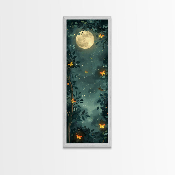 Full Moon And Butterflies In A Night Forest Japanese Style Framed Canvas Print, Wall Art Ready To Hang For Your Home