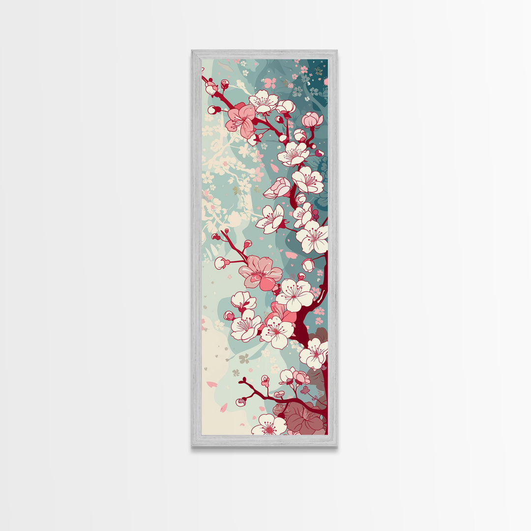 Delicate Pink Flowers On Branch Gentle Tones Skinny Art Tall Art Framed Canvas Print Japanese Style Art Ukiyo-e Art Wood Block Print Floral