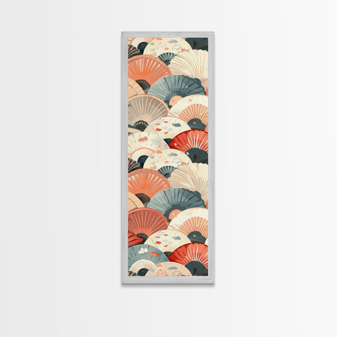 Pattern Of Overlapping Japanese Fans On Beige Background Tall Art Skinny Art Framed Canvas Print Japanese Style Art Ukiyo-e Wood Block Print