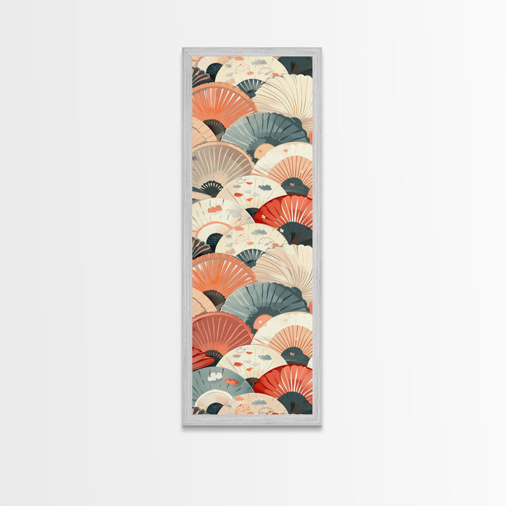 Pattern Of Overlapping Japanese Fans On Beige Background Tall Art Skinny Art Framed Canvas Print Japanese Style Art Ukiyo-e Wood Block Print