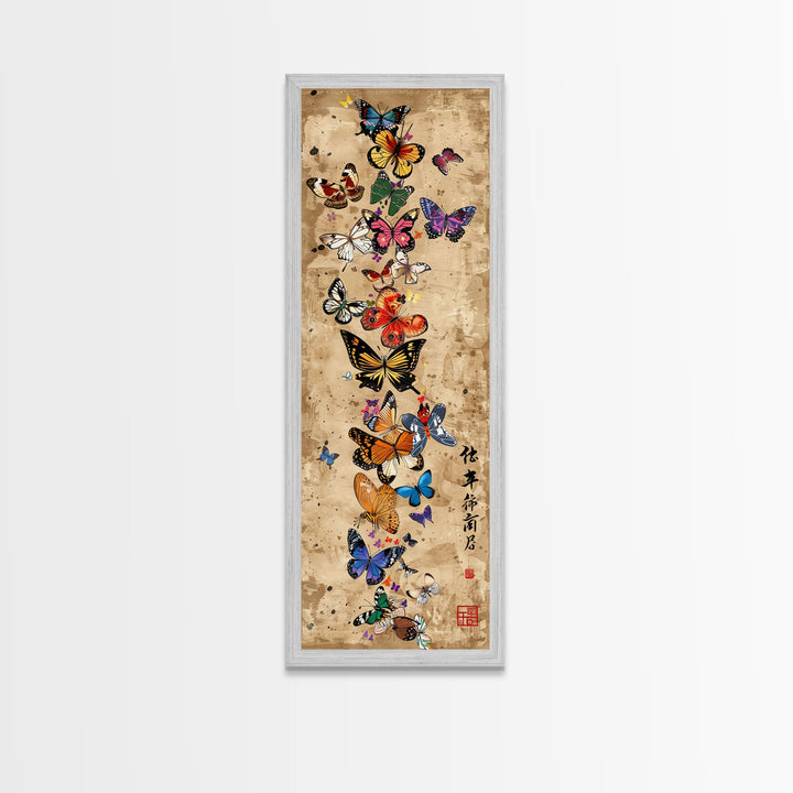 Butterflies In Spiral Formation On Light Brown Canvas Tall Art Skinny Art Framed Canvas Print Japanese Style Art Ukiyo-e Wood Block Print