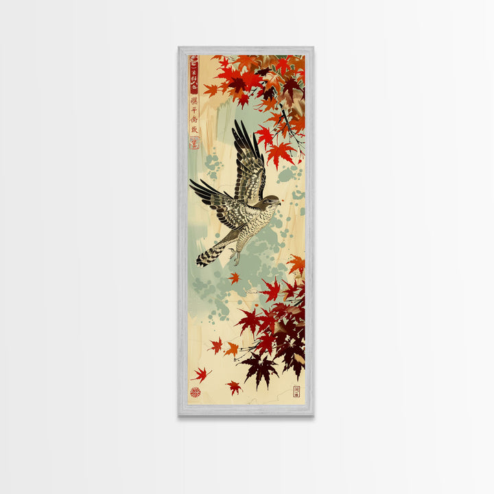 Hawk In Flight Among Red Maple Leaves Tall Art Skinny Art Framed Canvas Print Japanese Style Art Ukiyo-e Wood Block Print