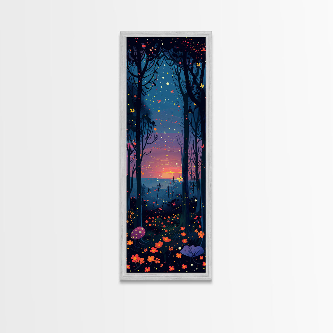 Majestic Nightfall Amidst Illuminated Trees Skinny Art Tall Art Framed Canvas Print Japanese Style Art Ukiyo-e Art Wood Block Print Tranquil Decorative