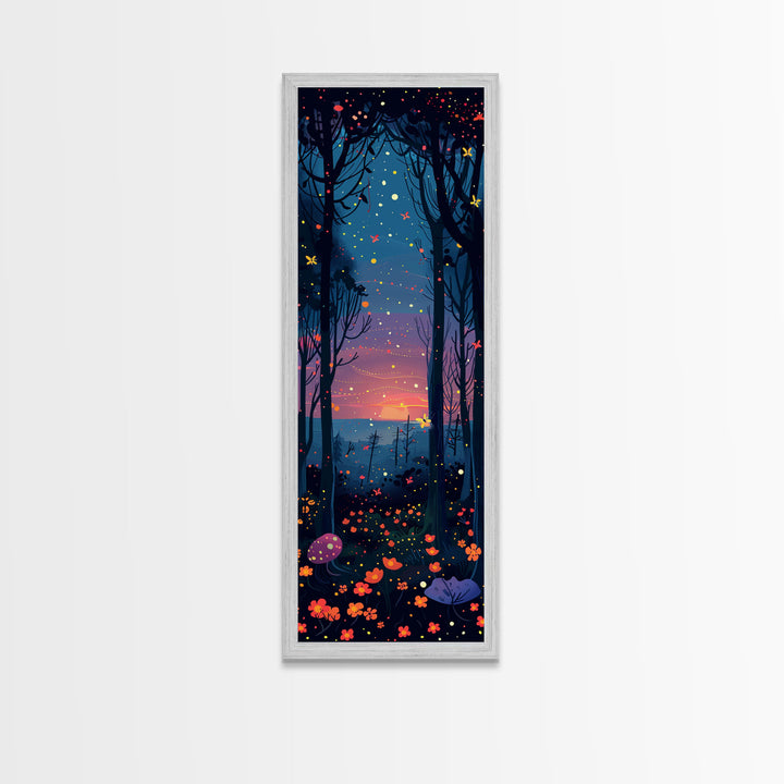 Majestic Nightfall Amidst Illuminated Trees Skinny Art Tall Art Framed Canvas Print Japanese Style Art Ukiyo-e Art Wood Block Print Tranquil Decorative