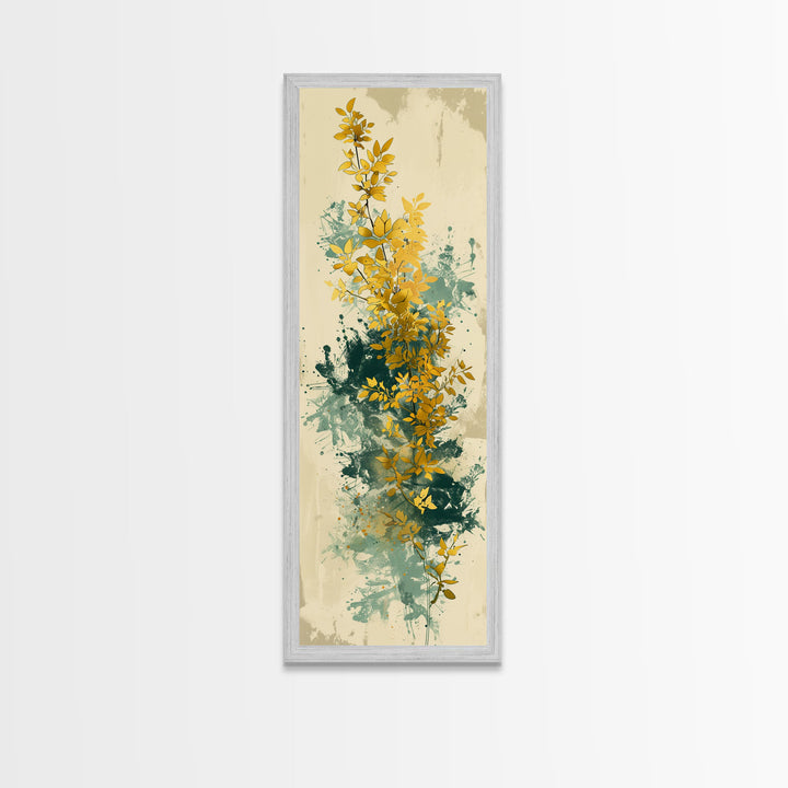 Golden Foliage Set Against Green Textured Background Skinny Art Tall Art Framed Canvas Print Japanese Style Art Ukiyo-e Art Wood Block Print Natural Elegant