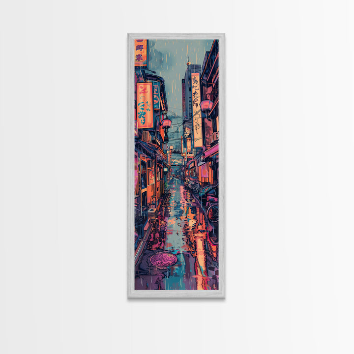 Vibrant Cityscape With Colorful Street Signs Skinny Art Tall Art Framed Canvas Print Japanese Style Art Ukiyo-e Art Wood Block Print Urban Energetic