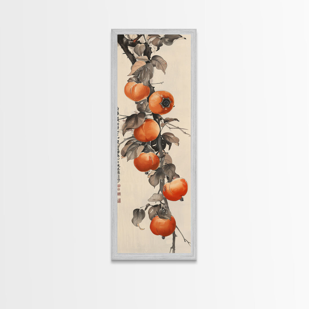 Bountiful Persimmons On Tree Branch Skinny Art Tall Art Framed Canvas Print Japanese Style Art Ukiyo-e Art Wood Block Print Seasonal Natural