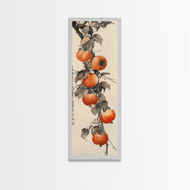 Bountiful Persimmons On Tree Branch Skinny Art Tall Art Framed Canvas Print Japanese Style Art Ukiyo-e Art Wood Block Print Seasonal Natural