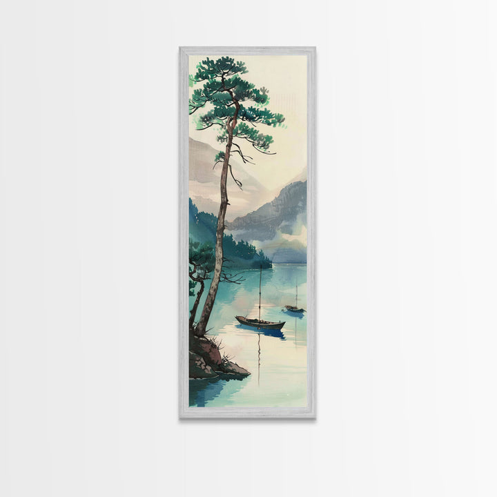 Framed Canvas Print Serene Lake Scene With Tall Pine Tree And Sailboats, Vintage Asian Landscape Art For Home Decor, Wall Decoration