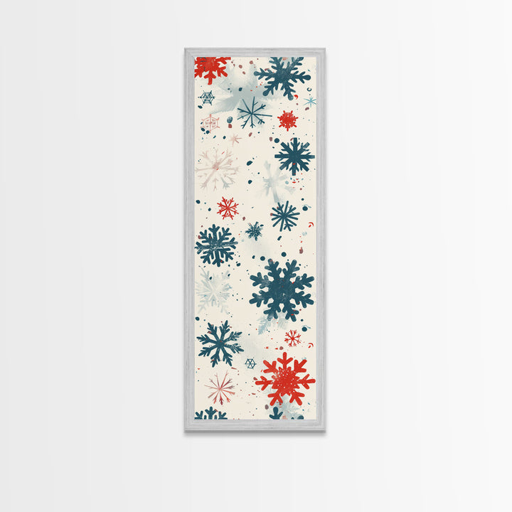 Festive Snowflakes In Red, Blue, And White On A Cream Background, Skinny Art Tall Wall Art Framed Canvas Print Japanese Style Art