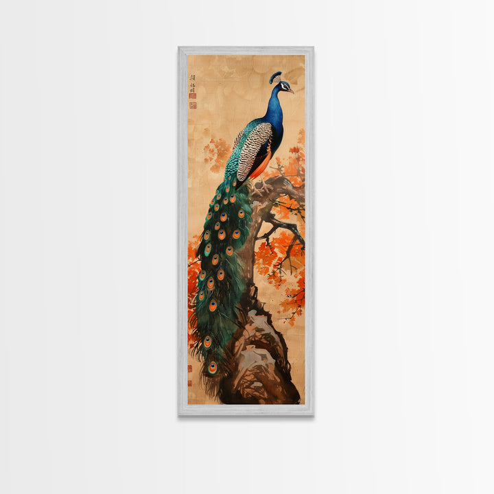 Majestic Peacock Perched On A Branch With Autumn Leaves, Skinny Art Tall Wall Art Framed Canvas Print Japanese Style Art