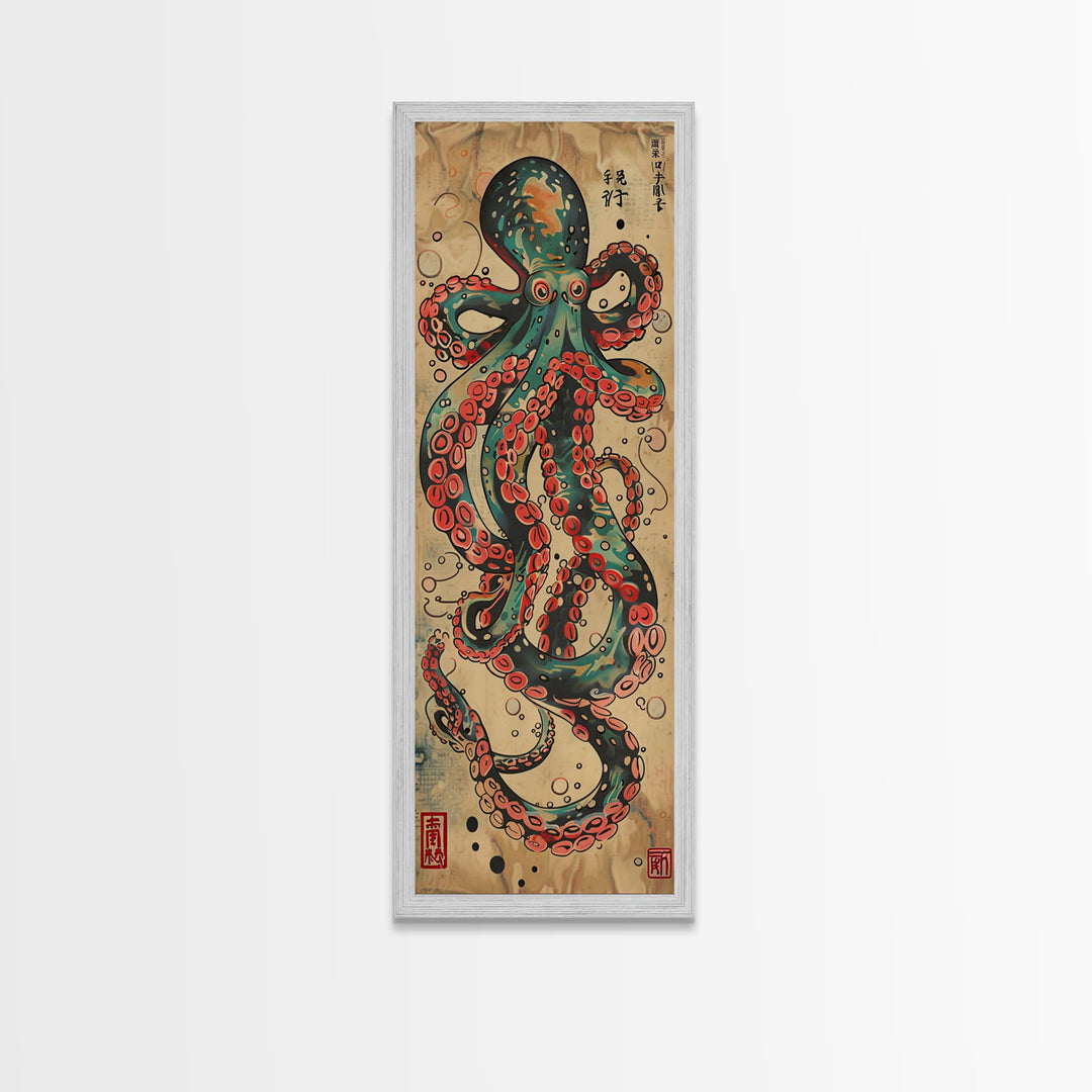 Vintage Canvas Print With Vibrant Octopus Design Ukiyo-e Wall Art Wood Block Print Tall Art Japanese Style Skinny Art