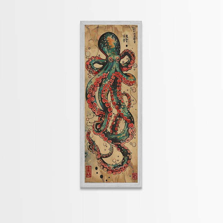 Vintage Canvas Print With Vibrant Octopus Design Ukiyo-e Wall Art Wood Block Print Tall Art Japanese Style Skinny Art