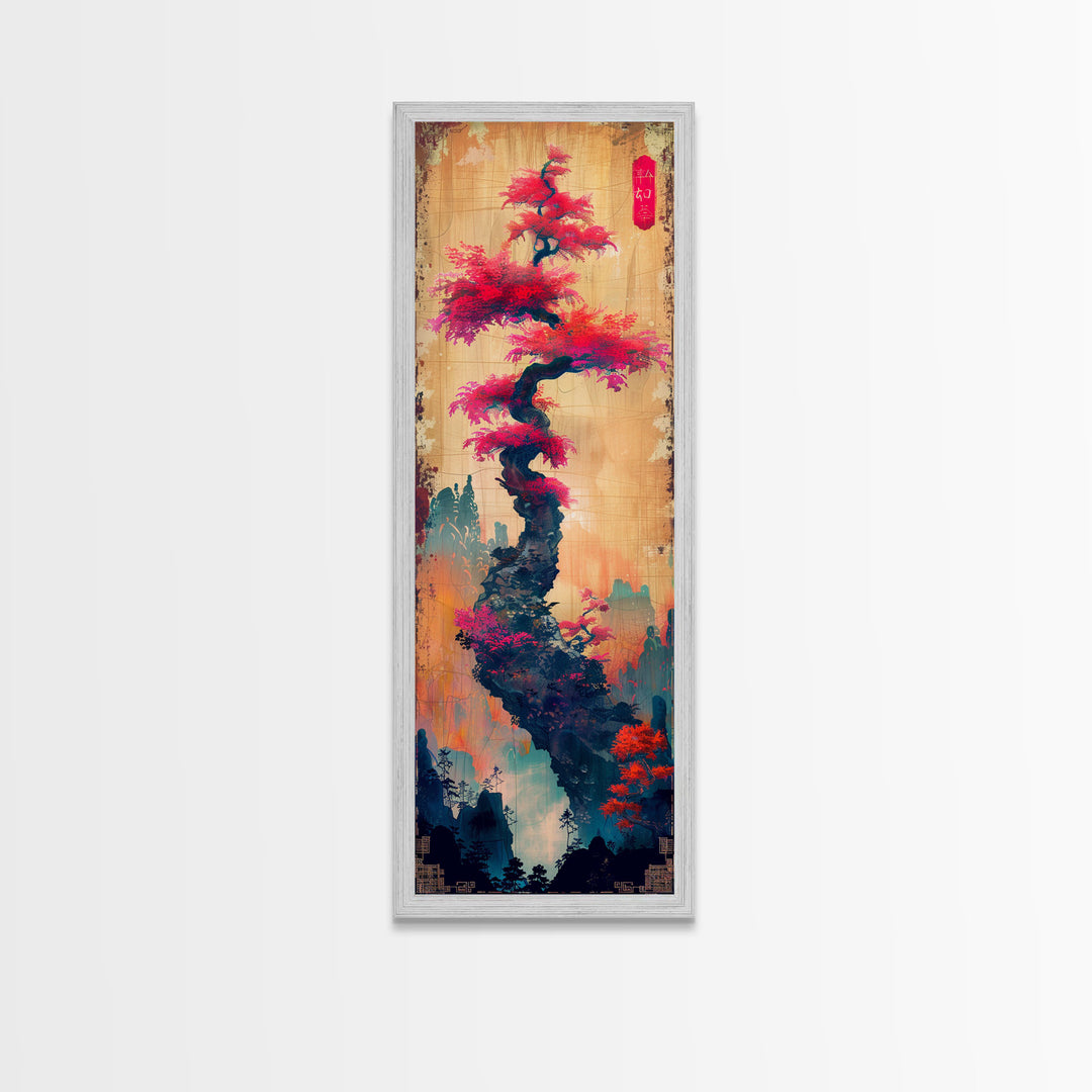 Bonsai Tree With Red Leaves On Gradient Background Wood Block Print Ukiyo-e Wall Art Tall Art Skinny Art Japanese Style