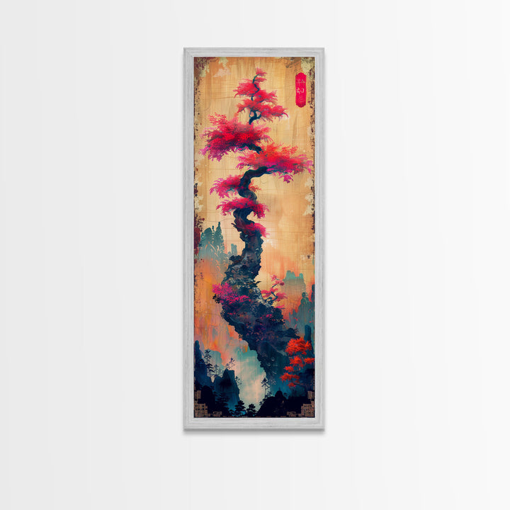 Bonsai Tree With Red Leaves On Gradient Background Wood Block Print Ukiyo-e Wall Art Tall Art Skinny Art Japanese Style