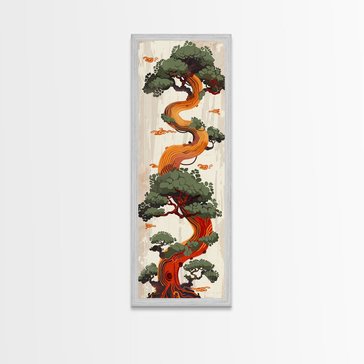 Curved Tree With Green Foliage Ukiyo-e Art Japanese Style Framed Canvas Print Wood Block Print Skinny Art Tall Art