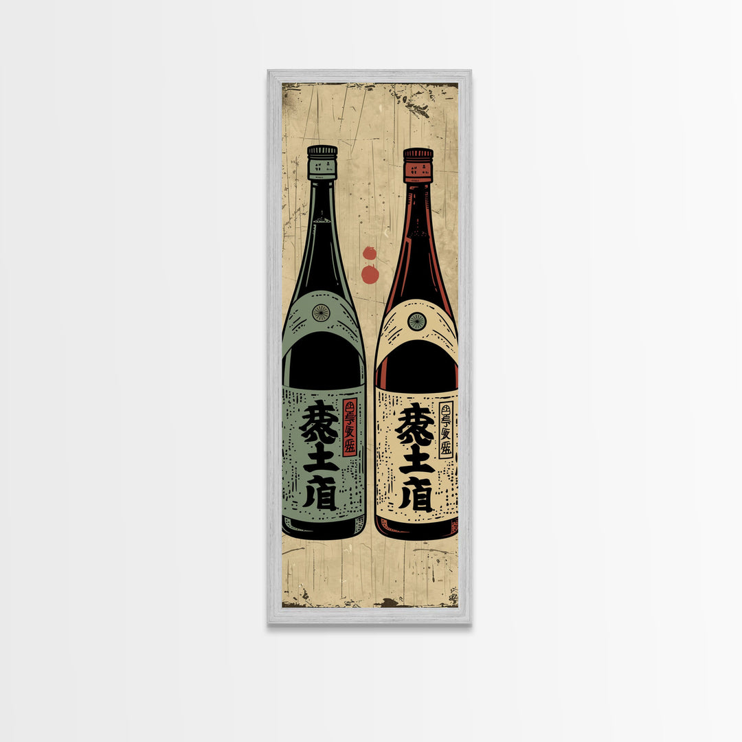 Canvas Print Japanese Sake Bottles Retro Design With Rustic Feel, Kitchen Or Dining Area Wall Art, Unique Vintage Style