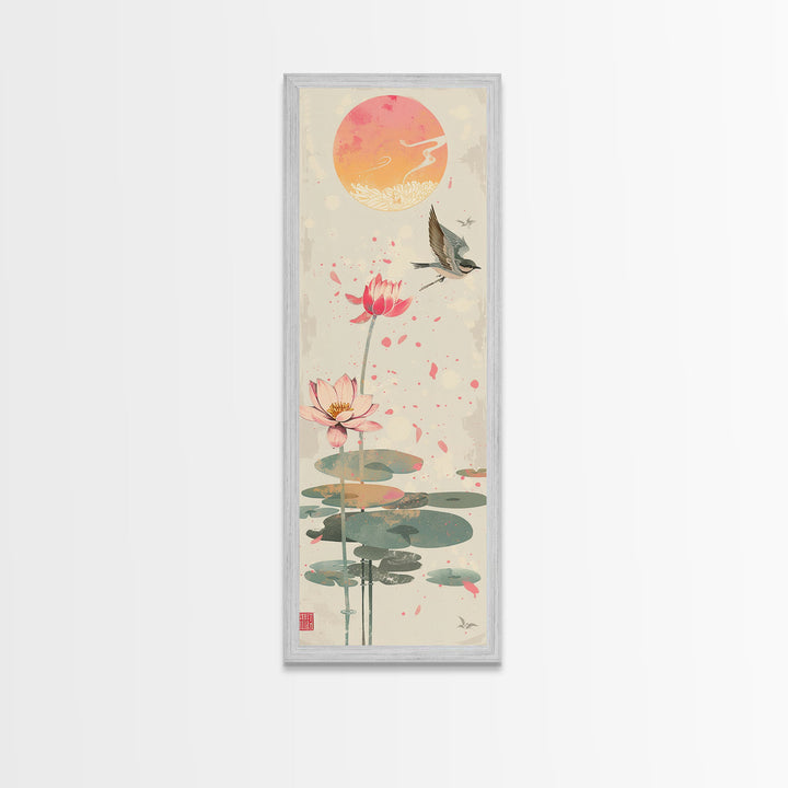 Autumn Maple Leaves Falling Tall Skinny Japanese Wall Art - Framed Canvas Print in Ukiyo-e Style