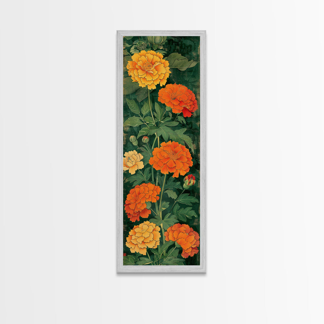Delicate Pastel Flowers on Tall Stems Framed Canvas Print - Japanese Art Skinny Wall Décor