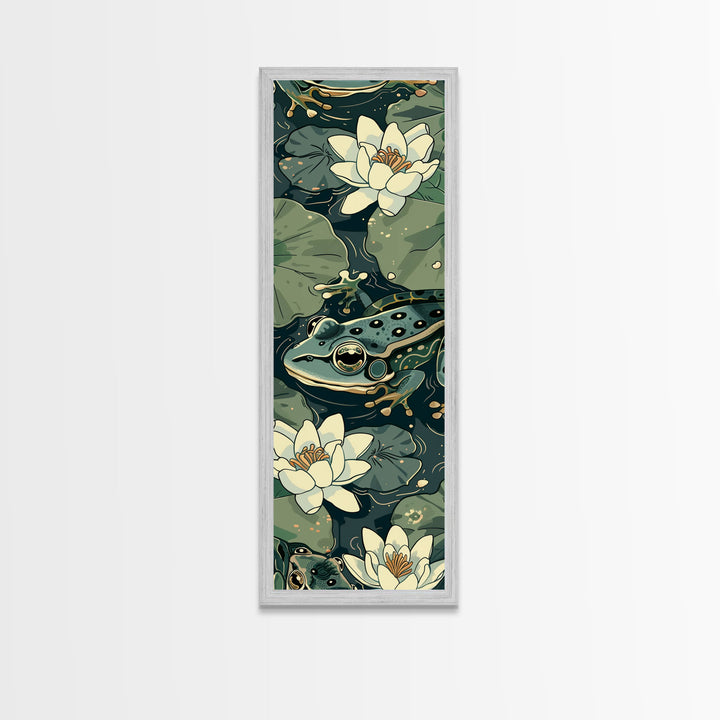 Elegant Japanese Peacock with Blossoms Tall Skinny Framed Canvas Print - Ukiyo-e Art Wall Décor