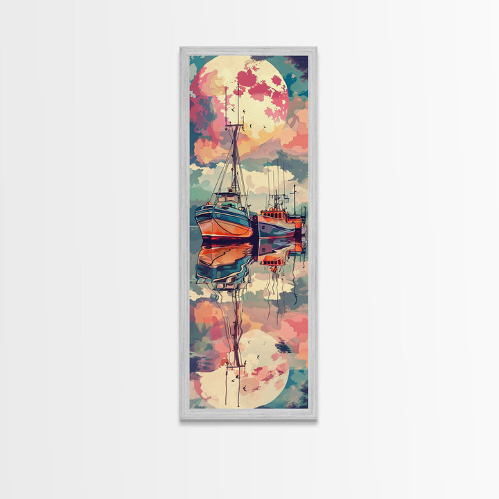 Canvas Print Colorful Fishing Boats Under Full Moon, Vibrant Coastal Scene For Nautical-Themed Home Decor, Wall Decoration