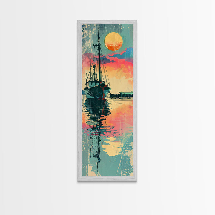Fishing Boat Reflecting in Water with Vibrant Sunset, Japanese Art-Inspired Tall Framed Canvas Print for Wall Art