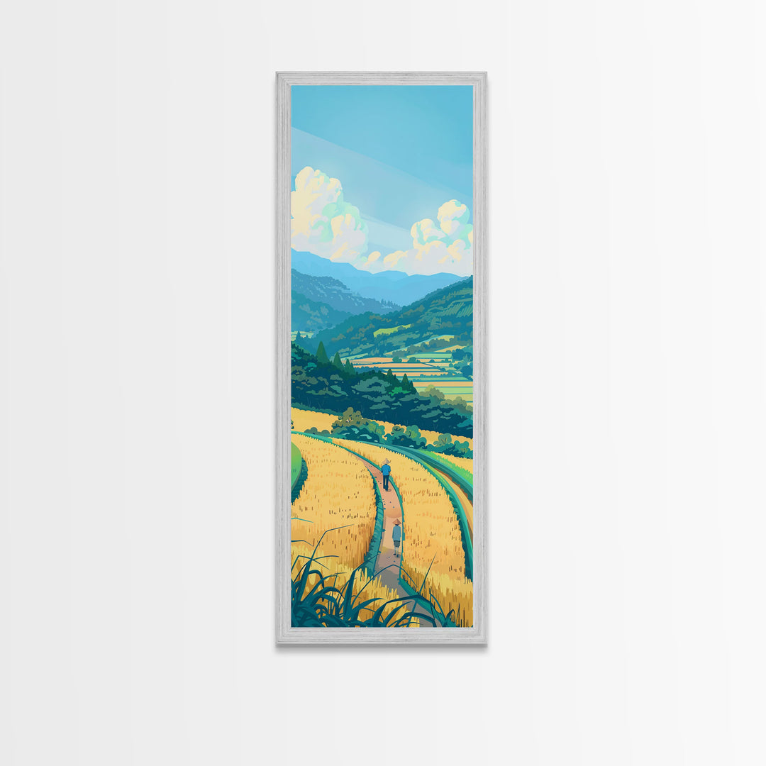 Scenic Countryside Pathway with Fields and Mountains, Skinny Framed Canvas Print for Wall Decor