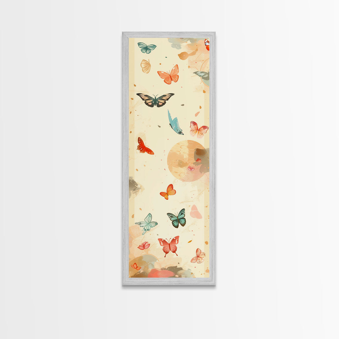 Colorful Butterflies Floating Across Light Background, Tall Framed Canvas Print for Wall Decor