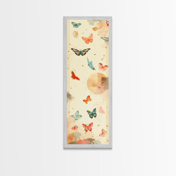 Colorful Butterflies Floating Across Light Background, Tall Framed Canvas Print for Wall Decor