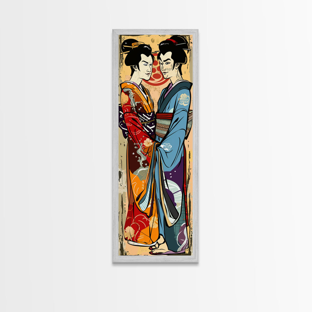 Japanese Couple in Traditional Kimono, Tall Skinny Framed Canvas Print for Wall Art