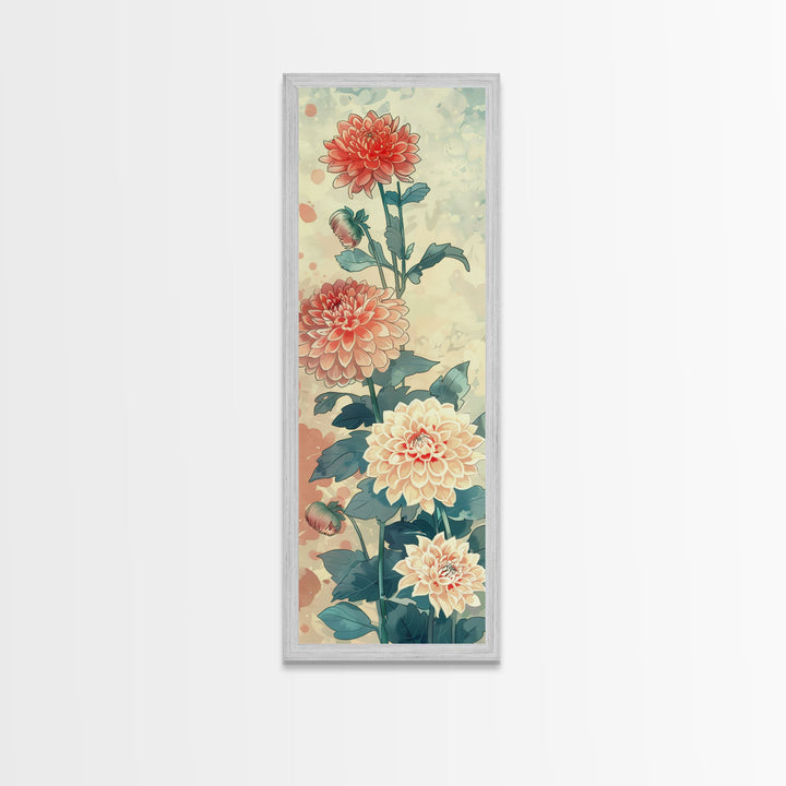 Chrysanthemums in Soft Pastel Tones on Tall Skinny Framed Canvas Print, Japanese Art Wall Decor