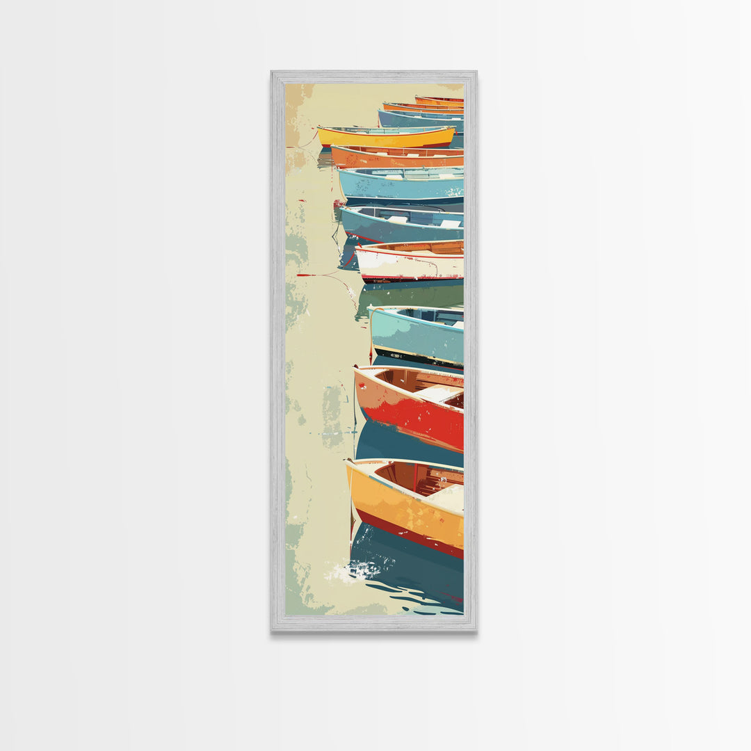 Row of Colorful Boats on Calm Water, Tall Skinny Framed Canvas Print for Nautical-Themed Wall Decor