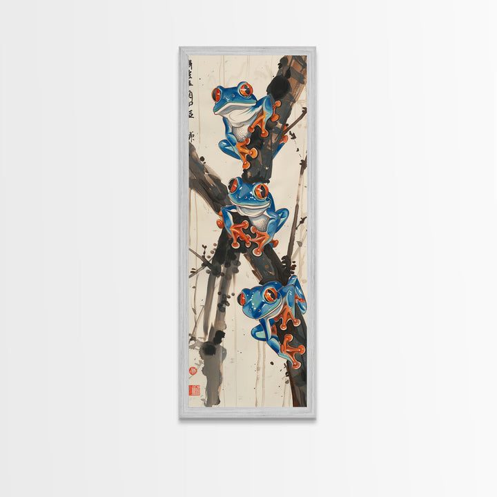 Three Blue Tree Frogs Branches Japanese Tall Wall Art Skinny Framed Canvas Print Ukiyo-e Style