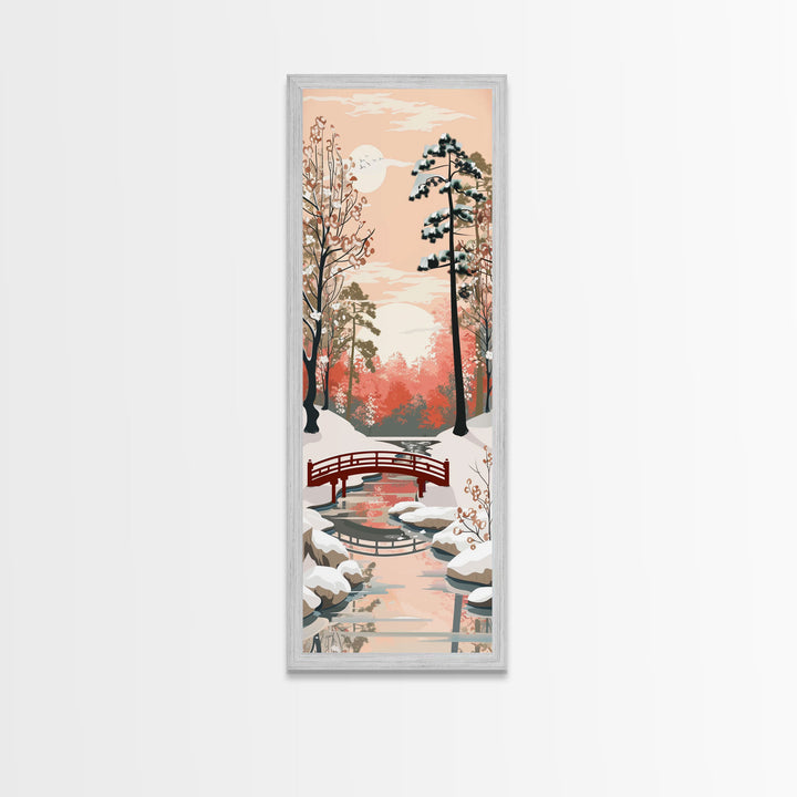 Serene Japanese Winter Landscape Highlighting A Red Bridge Snow-Covered Pines Under A Peaceful Sky Tall Framed Canvas Print Nature Scene