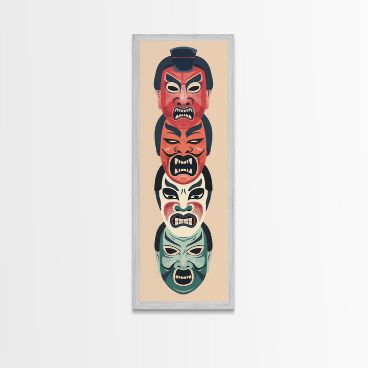 Bold Striking Japanese Kabuki Masks Vibrant Colors Depicted Traditional Style Tall Framed Canvas Print Cultural Home Decor