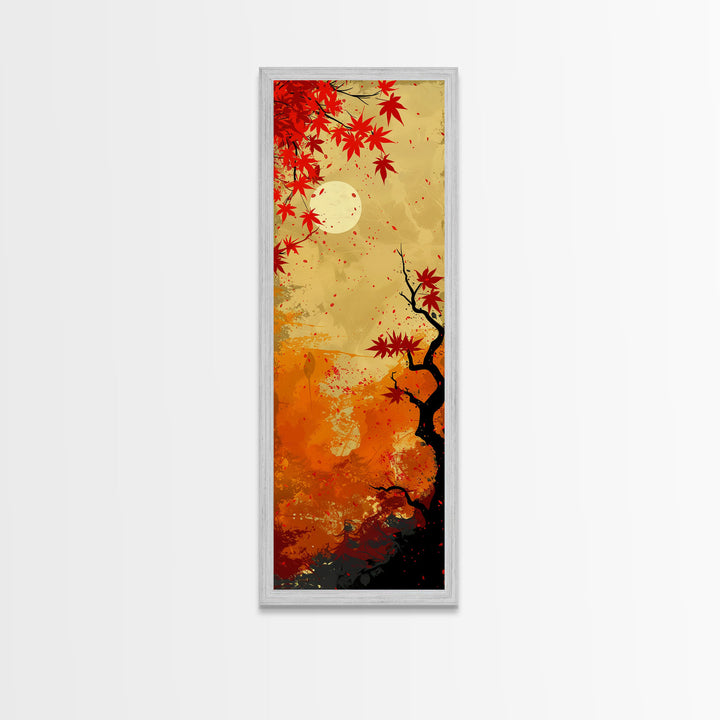 Dramatic Red Autumn Leaves Against Golden Sky Depicted Japanese Style Tall Framed Canvas Print Seasonal Wall Art