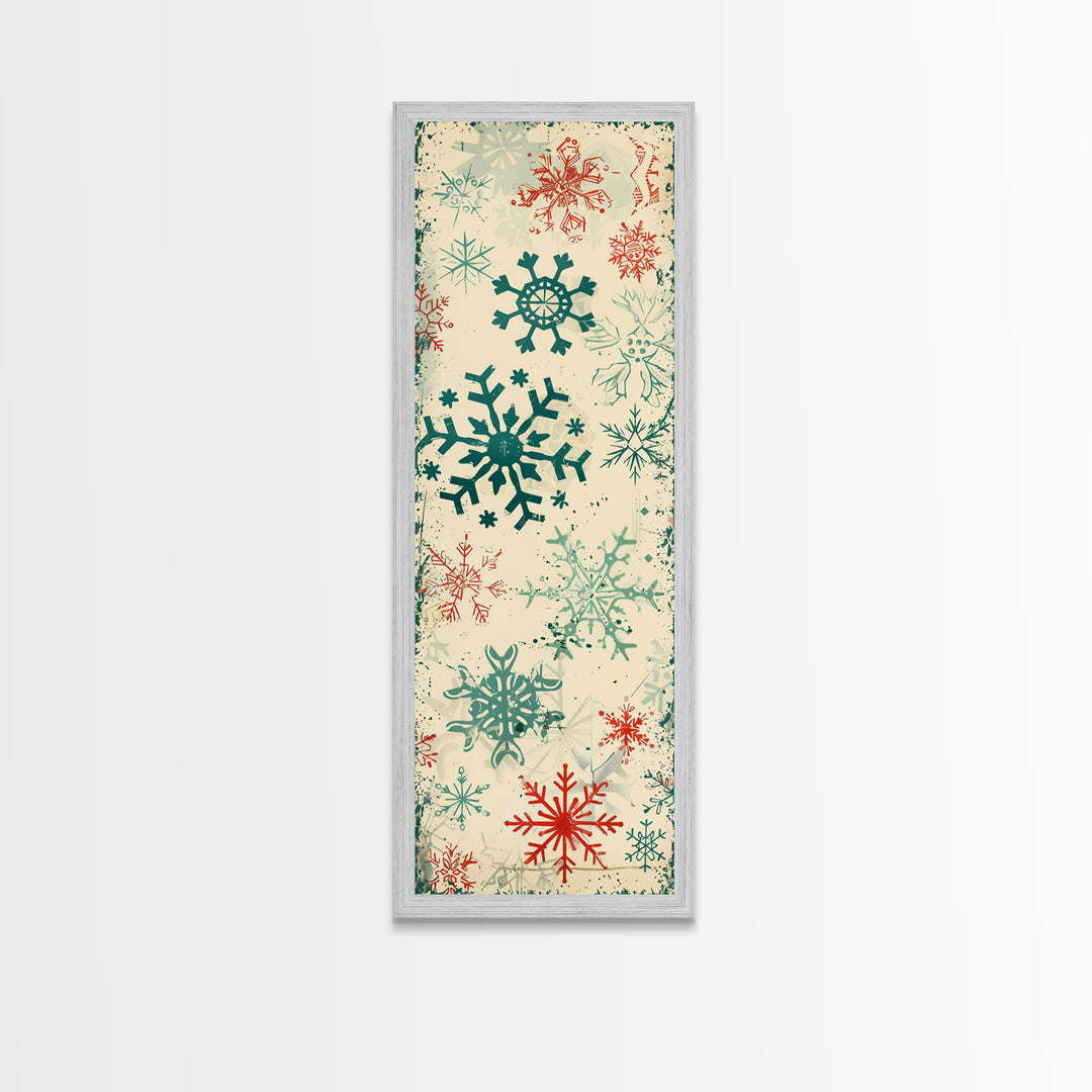 Snowflakes in Varied Sizes and Shapes Scattered on a Beige Canvas with a Distressed Texture Ukiyo-e Art Japanese Framed Canvas Print Skinny Tall Art