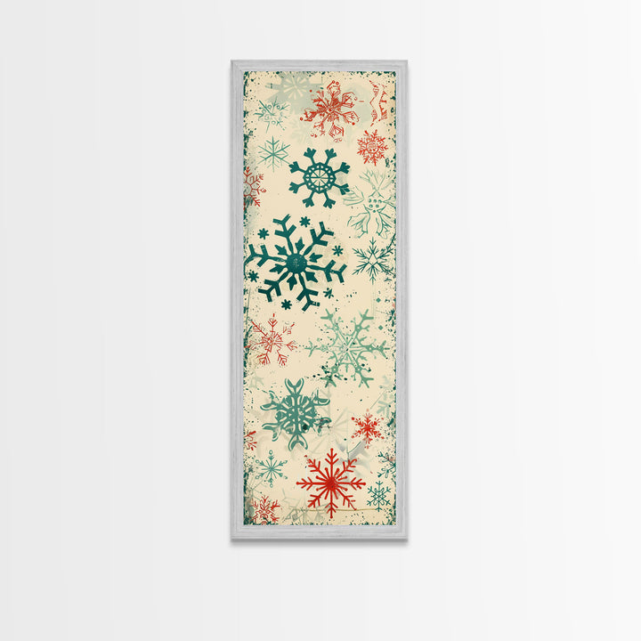 Snowflakes in Varied Sizes and Shapes Scattered on a Beige Canvas with a Distressed Texture Ukiyo-e Art Japanese Framed Canvas Print Skinny Tall Art