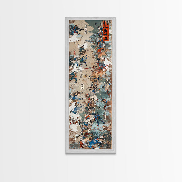 Battle Scene Featuring Warriors in Traditional Japanese Armor Ukiyo-e Art Framed Canvas Print Skinny Tall Art