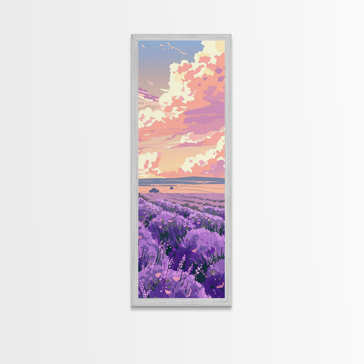 Expansive Lavender Field Beneath a Dramatic Cloudy Sky in Warm Pastel Hues Ukiyo-e Art Japanese Framed Canvas Print Skinny Tall Art