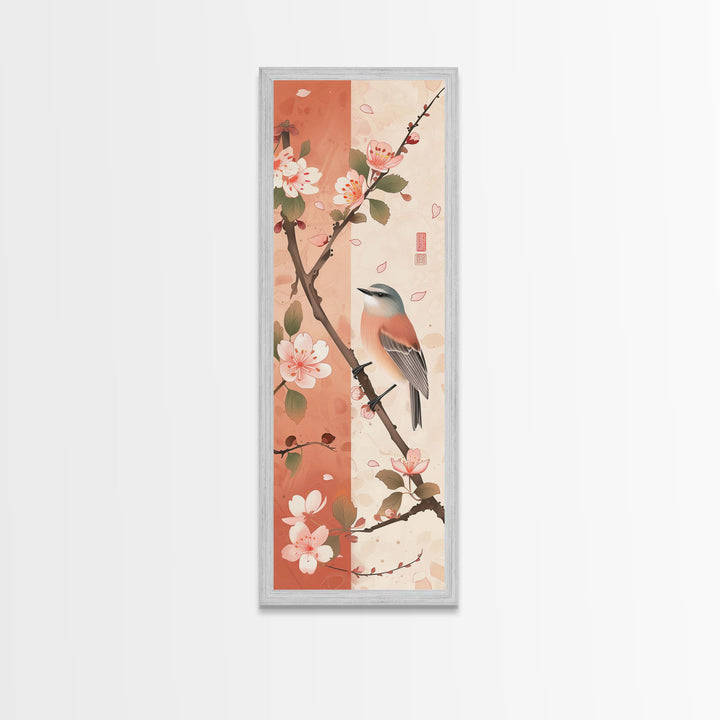 Japanese Bird Art Skinny Wall Art Framed Canvas Print Perched Bird on Branch with Cherry Blossoms and Petals in Soft Pastel Colors
